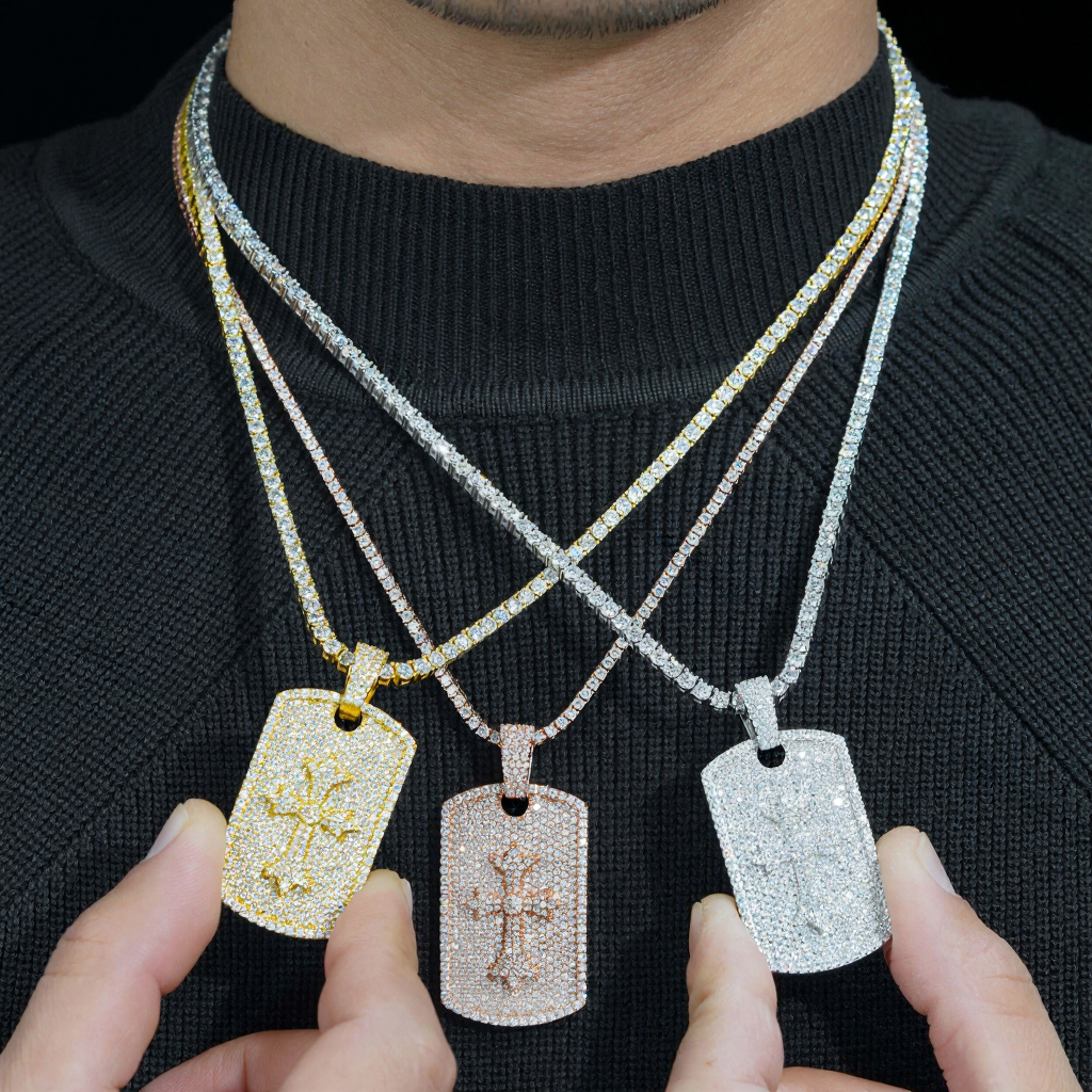 Iced Out Cross Dog Tag Moissanite Pendant 18k Gold