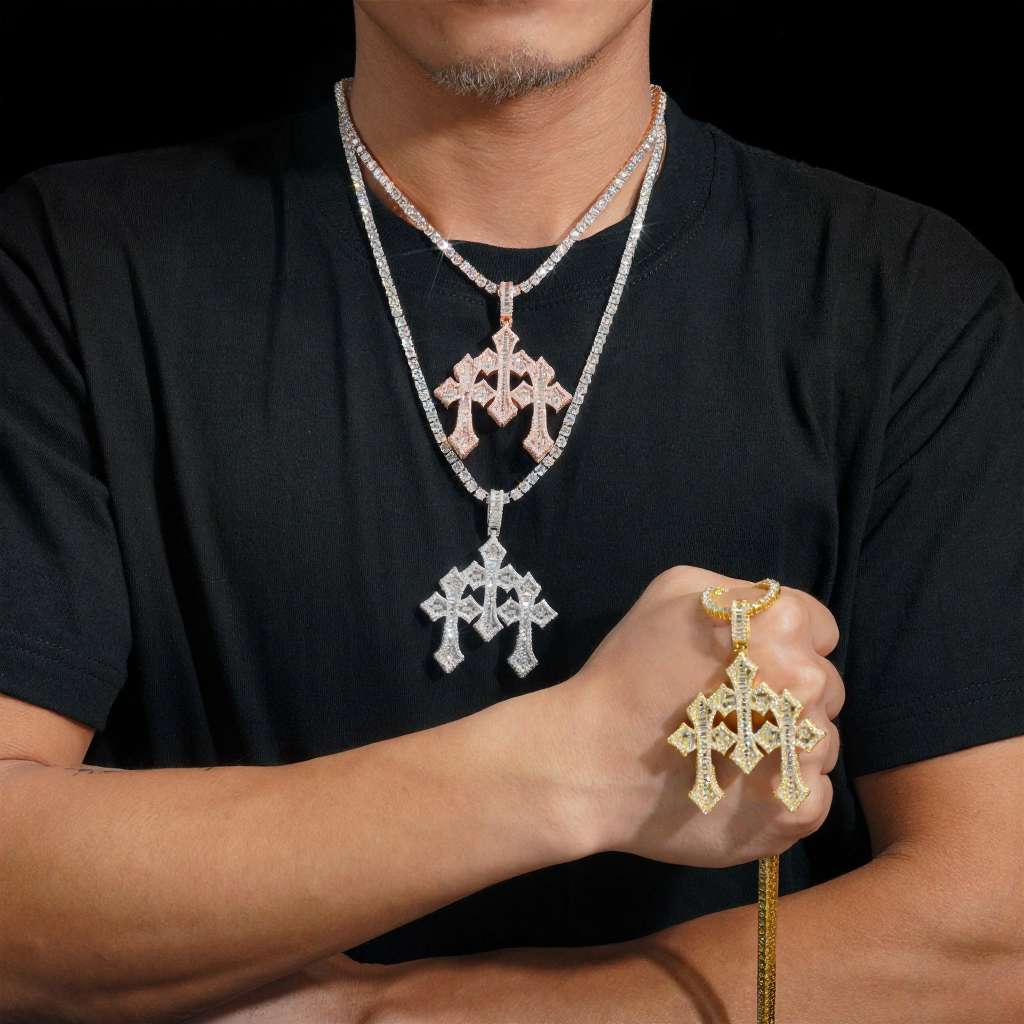 Hip Hop Three Cross Baguette Moissanite Pendant
